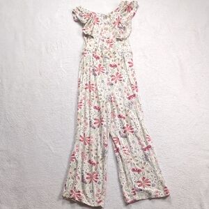 Blumind Girls Floral Ruffle Jumpsuit - Pink and White
